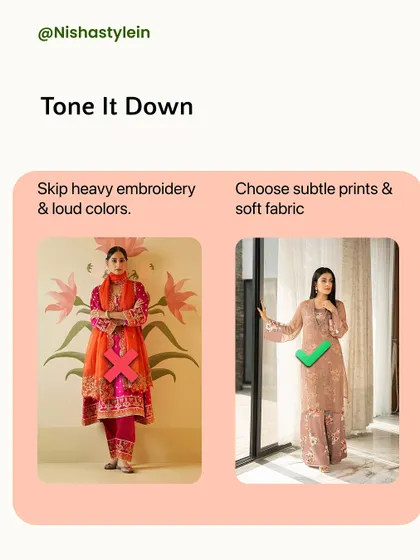 For office functions, tone it down. Skip the heavy embroidery and loud colors. Instead, choose subtle prints and soft fabrics to look traditional yet professional.