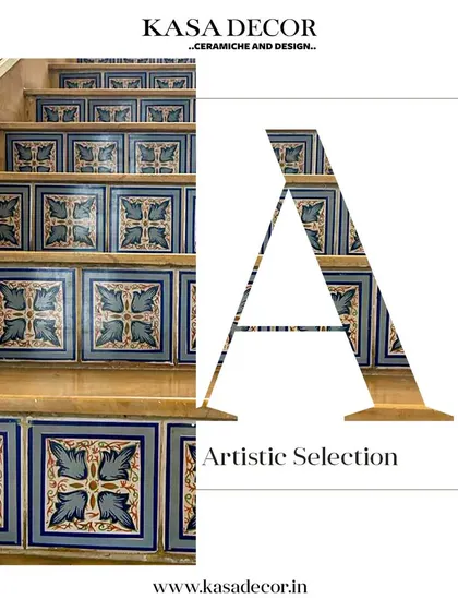 An artistic selection of riser tiles with a classic blue-and-white floral pattern. This design choice adds a touch of timeless charm and personality to the staircase.