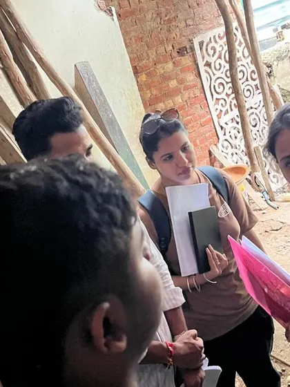 Our interior design students in discussion with faculty during a Vastu Shastra site visit, applying theoretical knowledge to a real construction site.