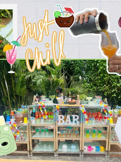 A fun collage from a birthday pool party, showing our bartender shaking up a tropical cocktail. We create a relaxed, 'just chill' vibe with refreshing drinks perfect for any casual celebration.