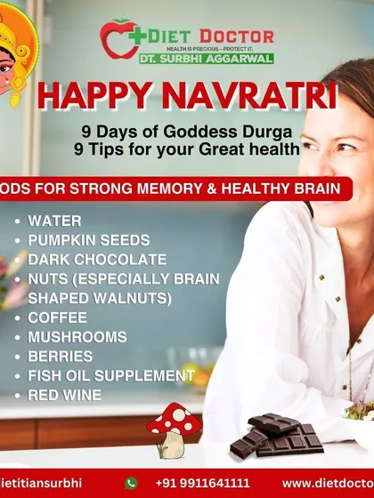 A strong memory and a healthy brain are supported by your diet. This Navratri post shares 9 brain-boosting foods like walnuts, berries, and dark chocolate that I incorporate into my wellness plans.