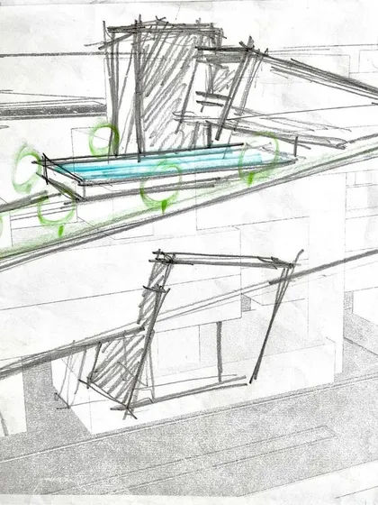 A rough sketch exploring a residence with an elevated pool and green roof elements.