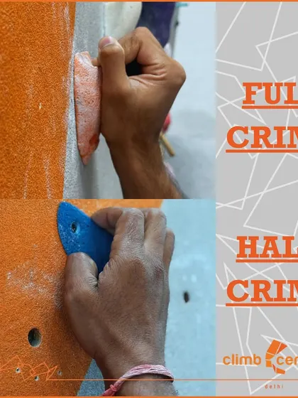 This image shows the difference between a Full Crimp (thumb wrapped over fingers for maximum power) and a Half Crimp (a safer, more sustainable 90 degree grip).