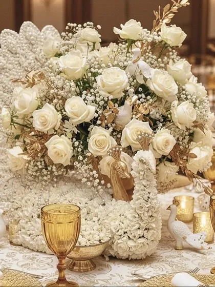 The beauty is always in the bespoke details. This handcrafted peacock centerpiece, made of delicate pearls and white florals for a 'Whispering Willows' themed wedding, embodies my commitment to artistry and creating elements that tell a story of subtle, sophisticated luxury.