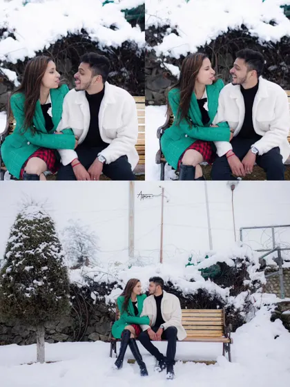 A collage of playful and candid moments from Nikul and Sejal's winter pre-wedding shoot. Their fun expressions and interactions show a different, more lighthearted side of their snowy adventure.