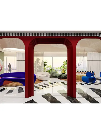A full view of the triple archway, a bold architectural statement that divides and connects the different zones of the apartment.