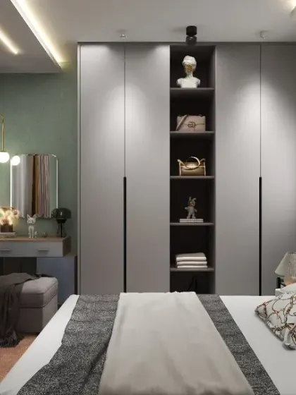 This render of a luxury bedroom at Godrej Park Retreat highlights a floor-to-ceiling wardrobe with open display shelves and a chic vanity corner.