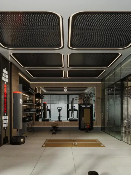 This commercial gym interior uses a dark, industrial aesthetic with dynamic ceiling lights to create an energetic and focused workout environment. The layout is planned for efficient equipment placement and user flow, featuring dedicated zones for different types of training.