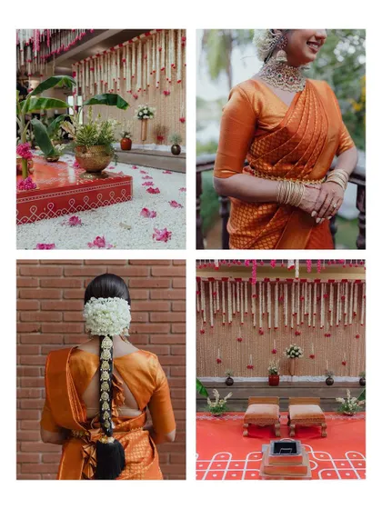 A collage showcasing the beautiful details of a South Indian ceremony, from the bride's traditional saree and jasmine hair to the elegant mandap decor.
