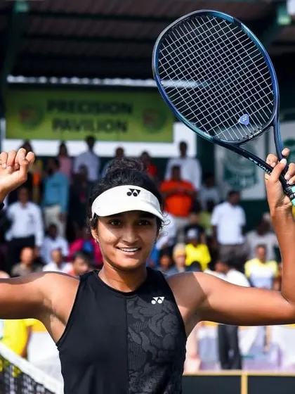 Celebrating my win at the ITF W25 Solapur tournament. This was my third pro singles title and a big step in my career, especially as it included my first win against a top 200 player.