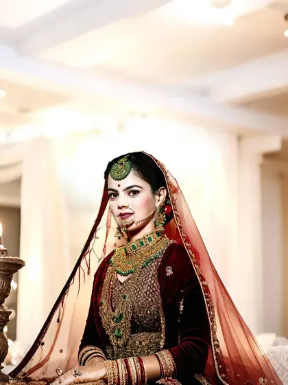 A regal portrait of the bride seated, with a grand, chandelier-lit background. The setting adds a touch of royal elegance to her look.