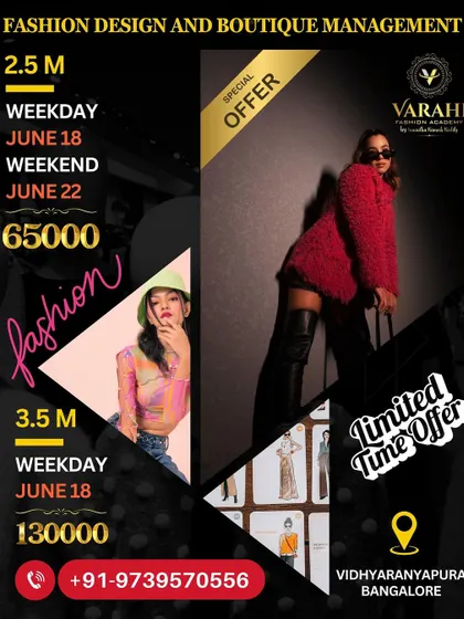 An announcement for my comprehensive Fashion Design and Boutique Management course, with details on weekday and weekend batches.