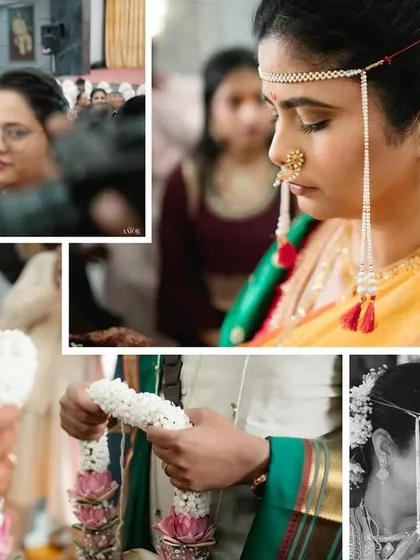 A collage of candid moments from a Maharashtrian wedding ceremony. It includes guests' reactions, close-ups of rituals, and an intimate black and white couple portrait.