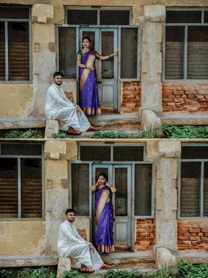 A diptych showing a couple in traditional South Indian attire posing in the doorway of a rustic, old building, blending heritage with romance.