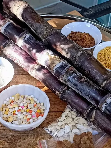 A tray of ingredients for the Pongal celebration, including sugarcane, jaggery, cashews, and 'yellu bella'.