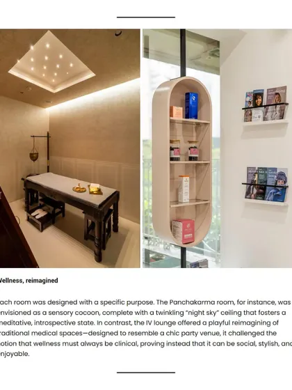 Each room in my clinic was designed with a specific purpose. The Panchakarma room is a sensory cocoon with a "night sky" ceiling, while the IV lounge has a chic, social feel, proving that wellness can be stylish and enjoyable.