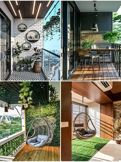 A collection of modern balcony ideas. This gallery shows concepts like a minimalist setup with geometric tiles, an industrial-style dining area, and two different cozy nooks featuring popular swing chairs.