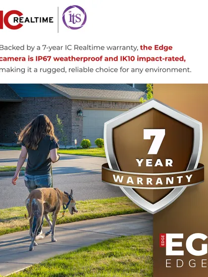 Durability is a key feature of the IC Realtime Edge camera. It is IP67 weatherproof and IK10 impact-rated, making it a rugged and reliable choice for any environment, backed by a 7-year warranty.