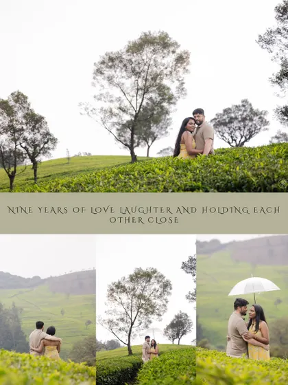 A beautiful collage from a pre-wedding shoot in a tea garden, capturing different moments of love and laughter under an umbrella.