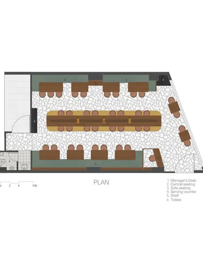 **Eat Punjab, Bopal:** The floor plan for the Bopal outlet shows the rhythmic, orderly layout centered around the long communal table. Fabric-insert partitions provide moments of privacy without isolating diners from the lively atmosphere.