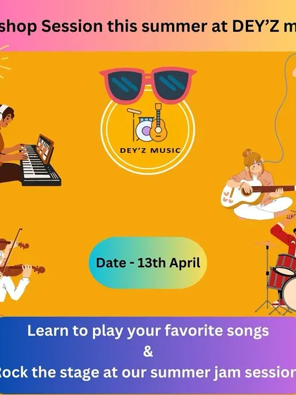 An announcement for our summer workshop and jam session. These events are designed to teach students how to play their favorite songs and rock the stage as a group.