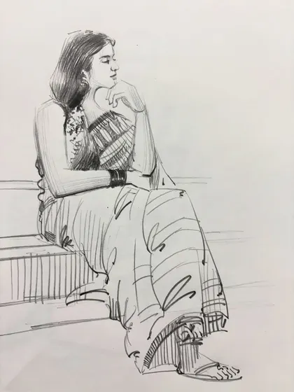 A graceful sketch of a woman sitting on a bench, with attention to the flow of her clothing.