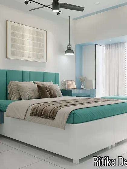 This perspective highlights the balance in the teal bedroom, with the cozy window seat on one side and the sleek, mirrored wardrobe panel on the other. The pendant light adds a touch of industrial chic to the serene space.