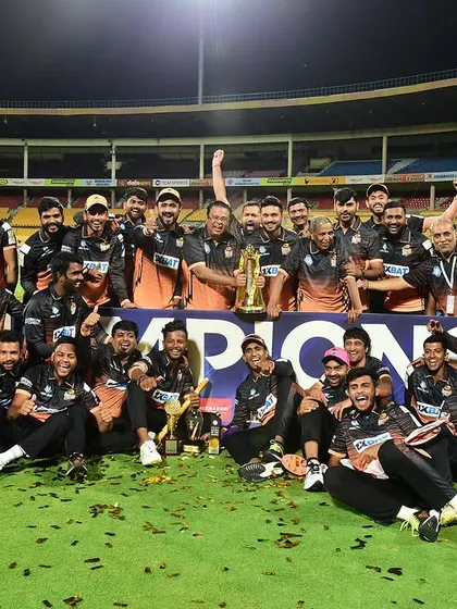 The entire Hubli Tigers team celebrating our victory at the KSCA Maharaja Cup. It was an honor to contribute to this incredible achievement as their strength and conditioning coach.