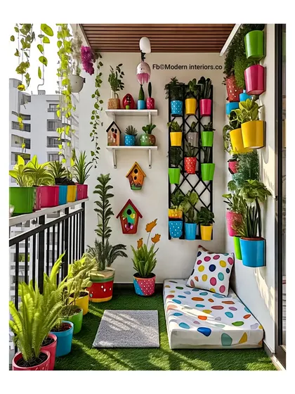 A playful and comfortable floor seating arrangement. A low mattress with a colorful polka-dot cushion is surrounded by vibrant planters, creating a cheerful and relaxed space that’s perfect for lounging on a sunny day.