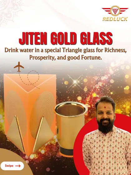 This is the Jiten Gold Glass, a special triangular glass designed to attract richness and good fortune. Drinking water from this glass infuses it with positive vibrations, aligning your personal energy with prosperity.