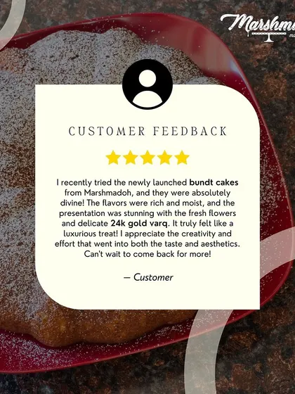 It makes me so happy to read your feedback. This customer loved the luxurious feel of my Bundt cakes, highlighting the moist texture and the stunning presentation with fresh flowers and 24k gold varq.
