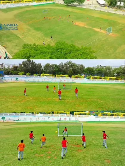 Students playing football on the large school ground at Amrita International Vidyalayam, captured from various aerial heights to show the scale of the facilities.