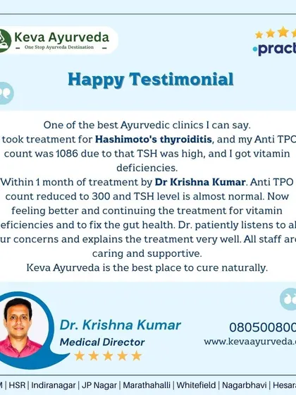 A patient shares their successful journey treating Hashimoto's thyroiditis, noting a significant reduction in Anti-TPO counts within one month. The review highlights my patient listening and clear explanations for a natural healing process.