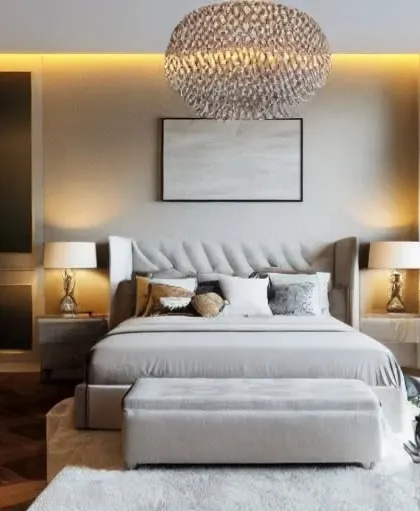 Natural light floods this serene and luxurious bedroom. The design features a large glass window, a statement crystal chandelier, and plenty of indoor plants to create a bright, airy, and refreshing space.