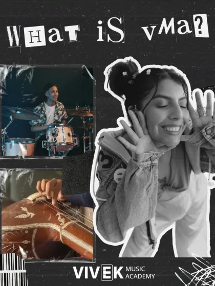 What is Vivek Music Academy? We are a diverse community of musicians. This collage captures our spirit, from a student enjoying a drum session to the inclusion of traditional Indian instruments like the sitar, showing our range from Western to classical Indian music.