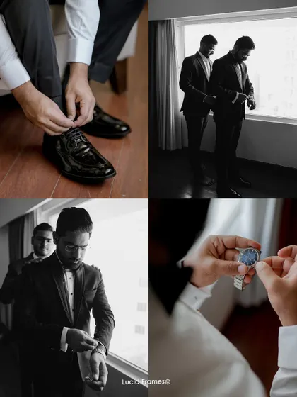 A collage of the groom getting ready, focusing on the details: tying his shoes, adjusting his watch, and getting help from his friends.