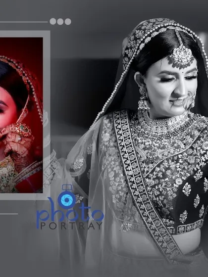 A classic black and white album page design, featuring a beautiful portrait of the bride.