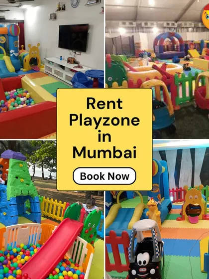 Rent a playzone in Mumbai. This four-quadrant collage shows a mix of indoor and outdoor setups, all featuring ball pits, slides, and ride-on cars, which are some of my most popular items.