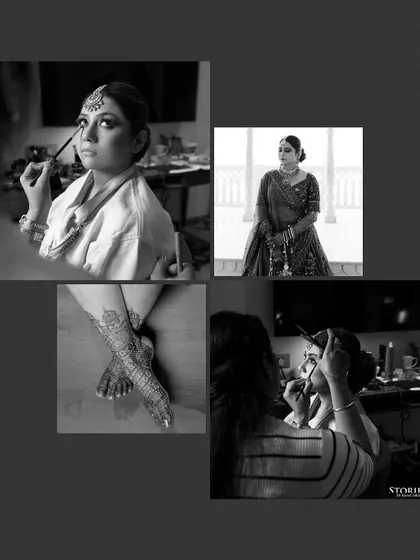 A black and white collage of the bride getting ready, including makeup application and close-ups of her henna.