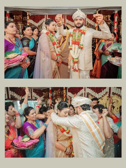 A collage showing the couple's wedding rituals, surrounded by the love and support of their families.