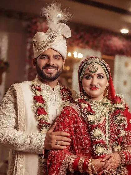 A classic, smiling portrait of the bride and groom, looking directly at the camera.