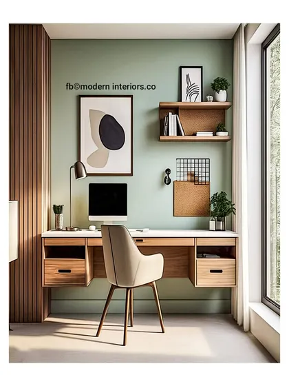 An absolutely beautiful home office concept with a floating desk against a sage green wall. The mix of drawers and open shelving provides storage without sacrificing style.