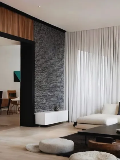 This living room design perfectly balances warmth and minimalism. The wooden fluted wall acts as a beautiful partition, while the sheer white curtains allow for soft, natural light to fill the space.