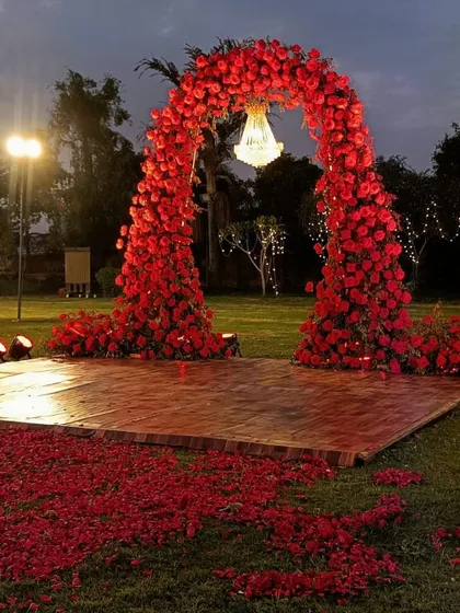A breathtaking arch of red roses illuminated at night. The single chandelier hanging within adds a touch of glamour and romance, creating a perfect spot for evening photos.