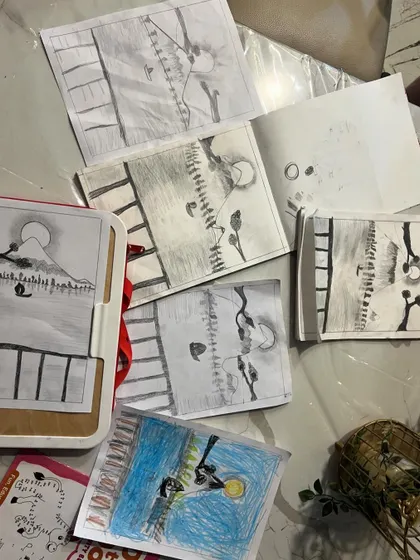 These images capture the process and joy of our various painting and drawing sessions, from pencil shading warm-ups to finished floral bouquets.