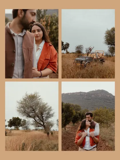 A collage capturing the earthy, adventurous vibe of a pre-wedding shoot in Ranthambore, with intimate couple portraits and landscape shots.