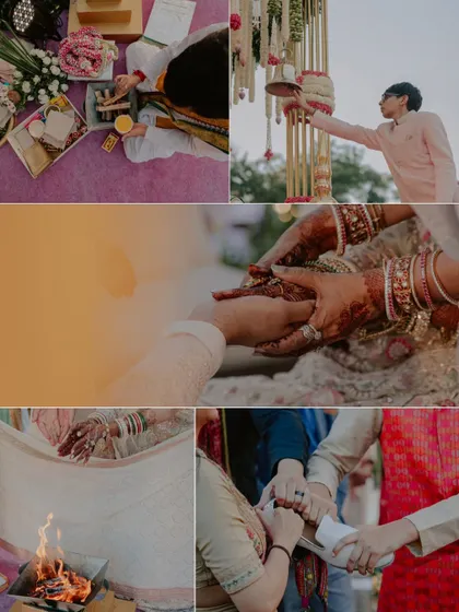 A collage of the sacred rituals of a Hindu wedding, from the holy fire of the Agni to the tying of the knot. We document these important traditions with respect and attention to detail.