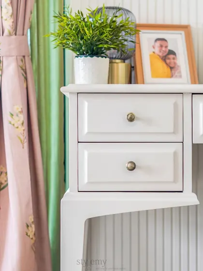 We created this French-style study table for the master bedroom to provide a functional workspace without taking away from the room's calm and dreamy aesthetic.