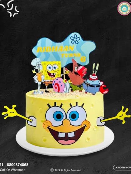 This super fun SpongeBob cake brings the whole Bikini Bottom crew to the party. It features SpongeBob's cheerful face as the cake itself, topped with Patrick, Squidward, Gary, and Mr. Krabs.