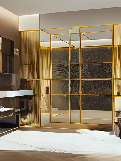A bathroom designed with pure opulence in mind. The gold-framed glass partition, black cabinetry with gold hardware, and intricate chandelier create a futuristic and incredibly luxurious aesthetic.